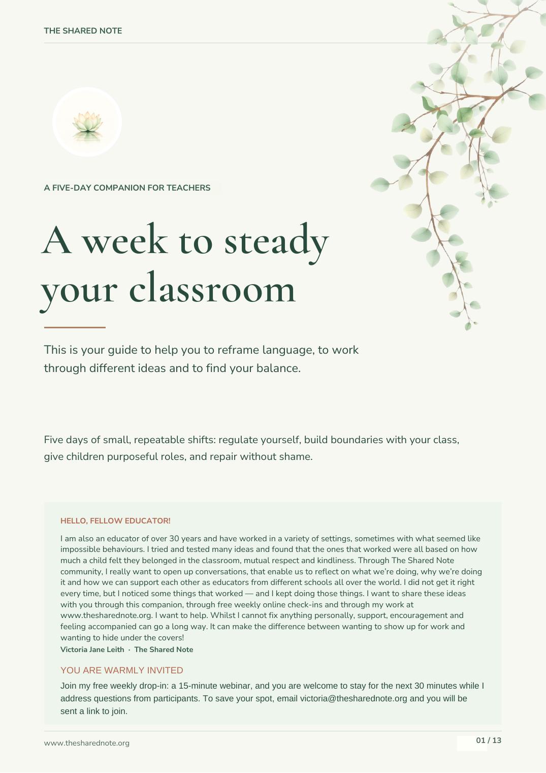 Cover of A Week to Steady Your Classroom, a five-day companion for teachers by The Shared Note