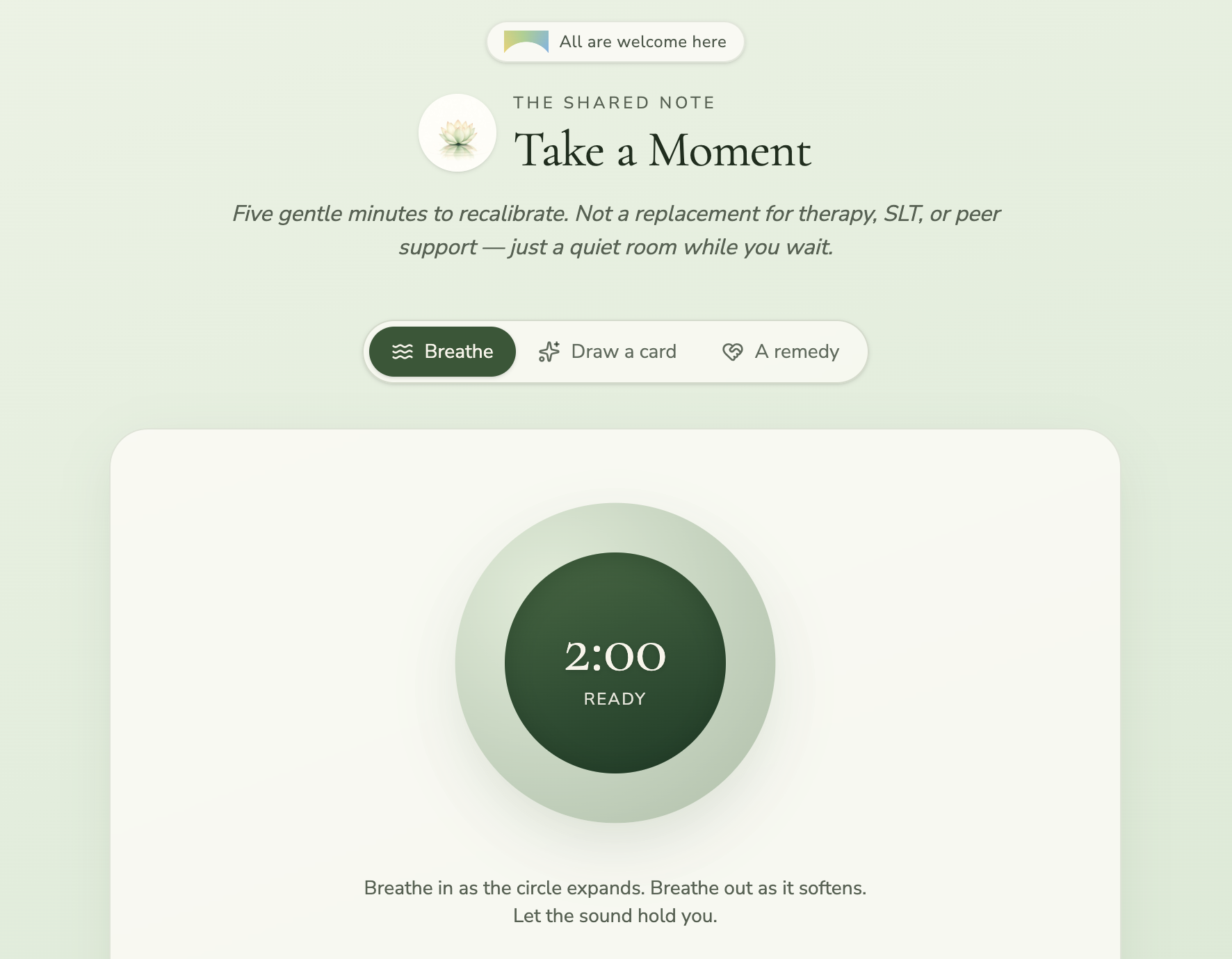 Take a Moment app with Breathe, Draw a card and A Remedy options