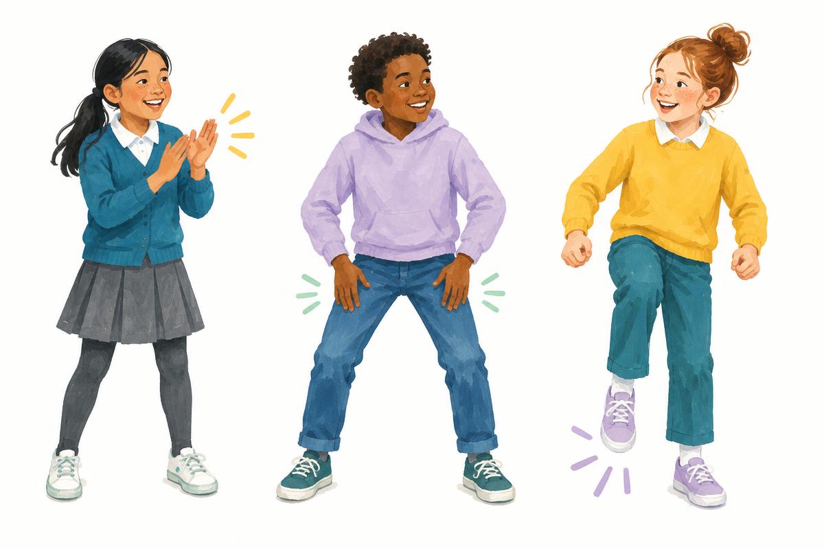 Illustration of children clapping, patting and stamping to a rhythm